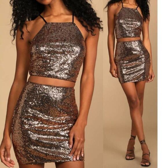 Lulus Women's Bronze Sequin Lace-Up Stretch Two-Piece Mini‎ Dress - Picture 2 of 6